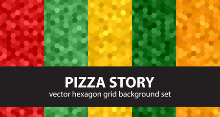 Hexagon pattern set "Pizza Story". Vector seamless geometric backgrounds with red, light green, yellow, green, orange hexagonsのイラスト素材