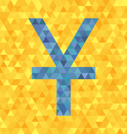 Polygonal vector triangle grid illustration: low-poly blue yen/yuan symbol with single stroke on yellow backgroundのイラスト素材