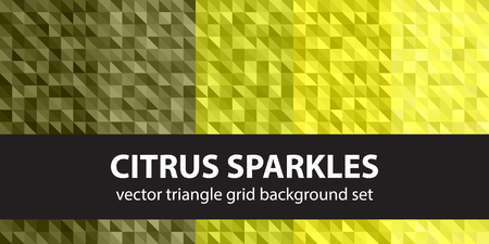 Triangle pattern set "Citrus Sparkles". Vector seamless geometric backgrounds with yellow, olive, yellow-green, khaki right trianglesのイラスト素材