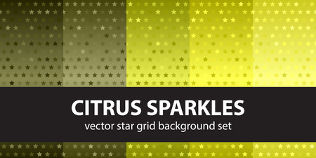 Star pattern set "Citrus Sparkles". Vector seamless backgrounds with yellow, olive, yellow-green, khaki five-pointed stars on gradient backdropsのイラスト素材