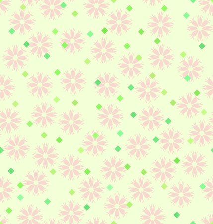 Spring flower pattern with diamonds. Seamless vector background: rose flowers and green diamonds on light backdropのイラスト素材