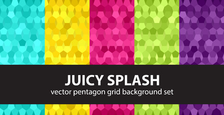 Pentagon pattern set "Juicy Splash". Vector seamless geometric backgrounds with cyan, yellow, rose, green, violet pentagons on gradient backdropsのイラスト素材
