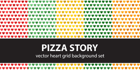 Heart pattern set "Pizza Story". Vector seamless backgrounds: red, light green, yellow, green, orange hearts on white backdropsのイラスト素材