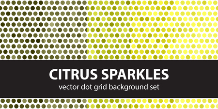 Polka dot pattern set "Citrus Sparkles". Vector seamless geometric dot backgrounds: yellow, olive, yellow-green, khaki circles on white backdropsのイラスト素材