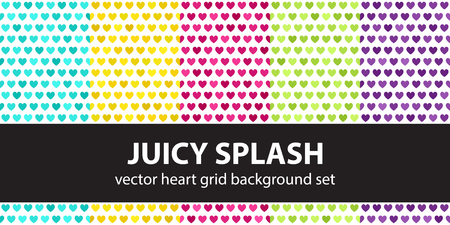 Heart pattern set "Juicy Splash". Vector seamless backgrounds: cyan, yellow, rose, green, violet hearts on white backdropsのイラスト素材