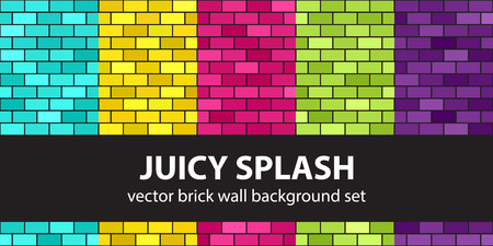 Brick pattern set "Juicy Splash". Vector seamless brick wall backgrounds with cyan, yellow, rose, green, violet rectangles on black backdropsのイラスト素材