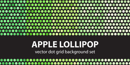 Polka dot pattern set "Apple Lollipop". Vector seamless geometric backgrounds with green circles on black backdropsのイラスト素材