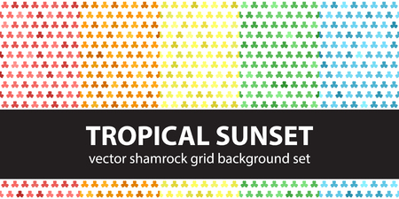 Shamrock pattern set "Tropical Sunset". Vector seamless backgrounds: red, orange, yellow, green, blue shamrocks on white backdropsのイラスト素材