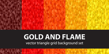 Triangle pattern set "Gold and Flame". Vector seamless geometric backgrounds with maroon, red, orange, gold, yellow trianglesのイラスト素材