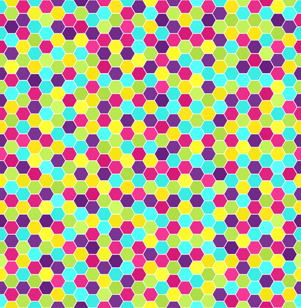 Hexagon pattern. Seamless vector background with cyan, yellow, rose, green, violet hexagons on white backdropのイラスト素材