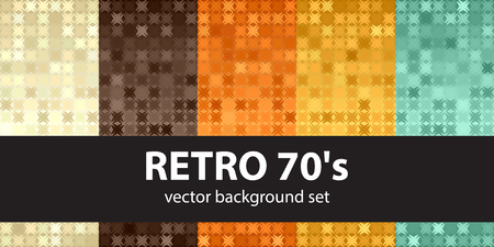 Abstract pattern set "Retro 70's". Vector seamless backgrounds with beige, brown, orange, yellow, green ornaments on gradient backdropsのイラスト素材