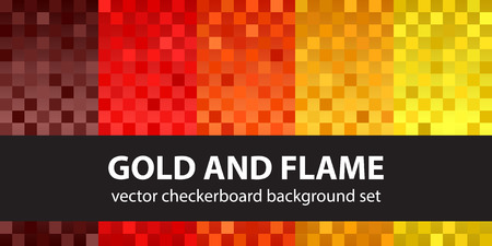 Checkerboard pattern set "Gold and Flame". Vector seamless checkered backgrounds with maroon, red, orange, gold, yellow squares on gradient backdropsのイラスト素材