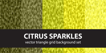 Triangle pattern set "Citrus Sparkles". Vector seamless geometric backgrounds with yellow, olive, yellow-green, khaki trianglesのイラスト素材