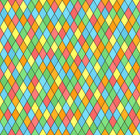 Diamond pattern. Seamless multicolor vector background: red, orange, yellow, green, blue diamonds on black backdropのイラスト素材