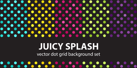 Polka dot pattern set "Juicy Splash". Vector seamless geometric backgrounds with cyan, yellow, rose, green, violet circles on black backdropsのイラスト素材