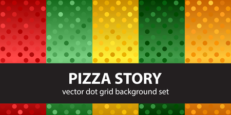 Polka dot pattern set "Pizza Story". Vector seamless geometric backgrounds: red, light green, yellow, green, orange dots on gradient backdropsのイラスト素材