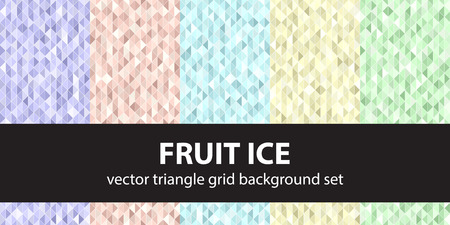Triangle pattern set "Fruit Ice". Vector seamless geometric backgrounds with violet, rose, cyan, yellow, green triangles on white backdropsのイラスト素材