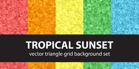 Triangle pattern set "Tropical Sunset". Vector seamless geometric backgrounds with red, orange, yellow, green, blue trianglesのイラスト素材