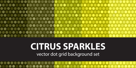 Polka dot pattern set "Citrus Sparkles". Vector seamless geometric dot backgrounds: yellow, olive, yellow-green, khaki circles on colored backdropsのイラスト素材