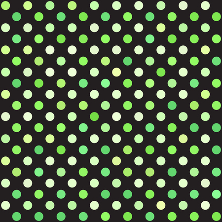Polka dot pattern. Vector seamless background with green circles on black backdropのイラスト素材