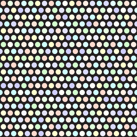 Polka dot pattern. Vector seamless geometric dot background with violet, rose, cyan, yellow, green circles on black backdropのイラスト素材