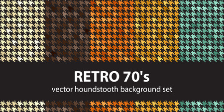 Houndstooth pattern set "Retro 70's". Vector seamless backgrounds with beige, brown, orange, yellow, green ornaments on black backdropsのイラスト素材