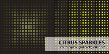 Square pattern set "Citrus Sparkles". Vector seamless geometric backgrounds: yellow, olive, yellow-green, khaki squares on black backdropのイラスト素材