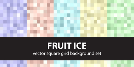 Pixel pattern set "Fruit Ice". Vector seamless pixel art backgrounds with violet, rose, cyan, yellow, green squaresのイラスト素材