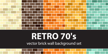 Brick pattern set "Retro 70's". Vector seamless brick wall backgrounds: beige, brown, orange, yellow, green rounded rectangles on white backdropsのイラスト素材
