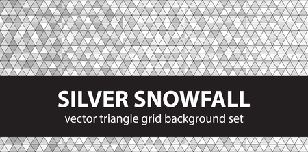 Triangle pattern set "Silver Snowfall". Vector seamless geometric backgrounds: gray and white triangles on black backdropsのイラスト素材