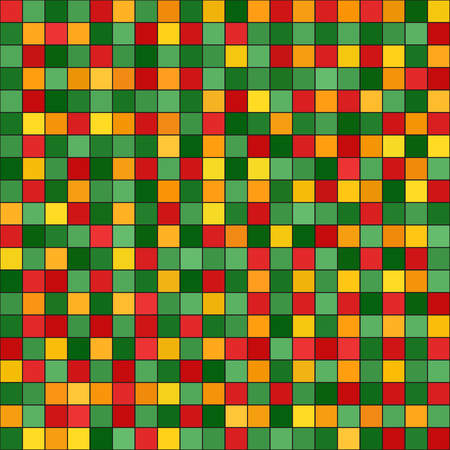 Square pattern. Vector seamless tile background: red, light green, yellow, green, orange squares on black backdropのイラスト素材