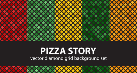 Diamond pattern set "Pizza Story". Vector seamless geometric backgrounds: red, light green, yellow, green, orange rounded diamonds on black backdropsのイラスト素材
