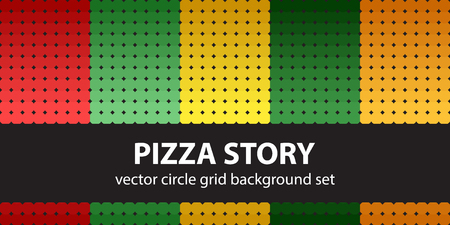 Circle pattern set "Pizza Story". Vector seamless geometric backgrounds: red, light green, yellow, green, orange circles on black backdropsのイラスト素材