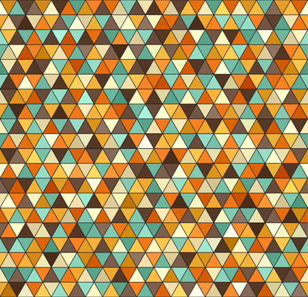 Retro triangle pattern. Seamless vector vintage background: beige, brown, orange, yellow, green triangles on black backdropのイラスト素材