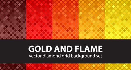 Diamond pattern set "Gold and Flame". Vector seamless geometric backgrounds: maroon, red, orange, gold, yellow rounded diamonds on gradient backdropsのイラスト素材