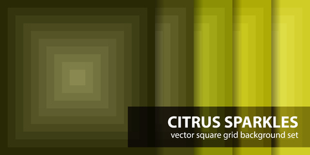 Square pattern set "Citrus Sparkles". Vector seamless geometric backgrounds with yellow, olive, yellow-green, khaki squaresのイラスト素材