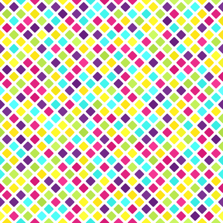 Diamond pattern. Seamless vector background: cyan, yellow, rose, green, violet rounded diamonds on white backdropのイラスト素材