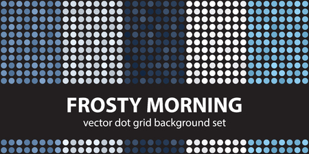 Polka dot pattern set "Frosty Morning". Vector seamless geometric dot backgrounds: blue, gray and white dots on black backdropsのイラスト素材