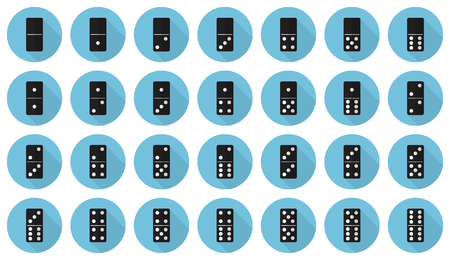 Vector flat icon set: double-six (28 pieces) black dominoes in light blue circlesのイラスト素材
