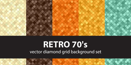 Diamond pattern set "Retro 70's". Beige, brown, orange, yellow, green vector seamless geometric backgroundsのイラスト素材