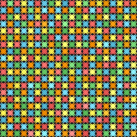 Abstract pattern. Vector seamless background: red, orange, yellow, green, blue shapes on black backdropのイラスト素材