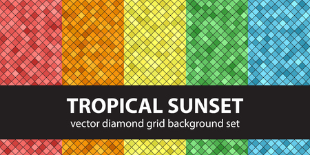 Diamond pattern set "Tropical Sunset". Vector seamless geometric backgrounds with red, orange, yellow, green, blue diamonds on black backdropsのイラスト素材