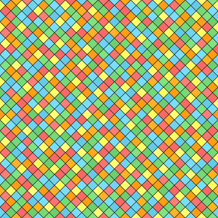 Diamond pattern. Seamless vector background with red, orange, yellow, green, blue diamonds on black backdropのイラスト素材