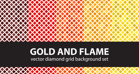 Diamond pattern set "Gold and Flame". Vector seamless backgrounds: maroon, red, orange, gold, yellow rounded diamonds on white backdropsのイラスト素材