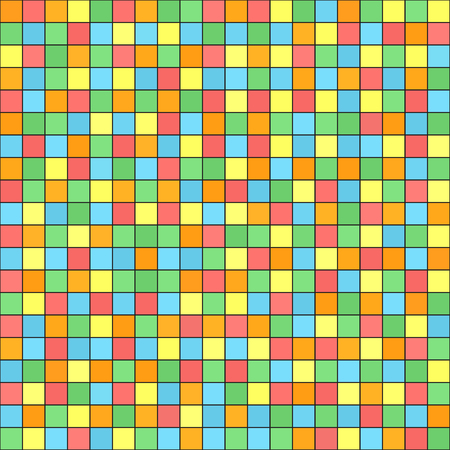 Square pattern. Seamless vector background: red, orange, yellow, green, blue squares on black backdropのイラスト素材