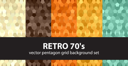 Pattern set "Retro 70's". Vector seamless geometric backgrounds with beige, brown, orange, yellow, green pentagons.のイラスト素材