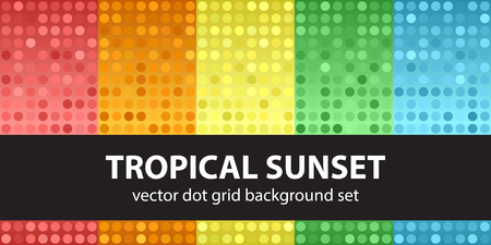 Polka dot pattern set "Tropical Sunset". Vector seamless gradient dot backgrounds: red, orange, yellow, green, blue rounds on gradient backdropsのイラスト素材