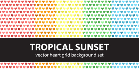 Heart pattern set "Tropical Sunset". Vector seamless backgrounds: red, orange, yellow, green, blue hearts on white backdropsのイラスト素材