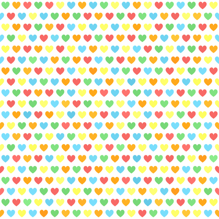 Heart pattern. Seamless vector backround: red, orange, yellow, green, blue hearts on white backdropのイラスト素材
