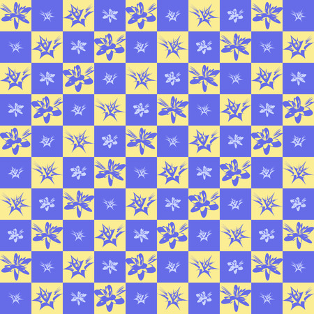 Exotic checkered flower pattern. Seamless vector background with tropical flowers on yellow and violet checkered backdropのイラスト素材